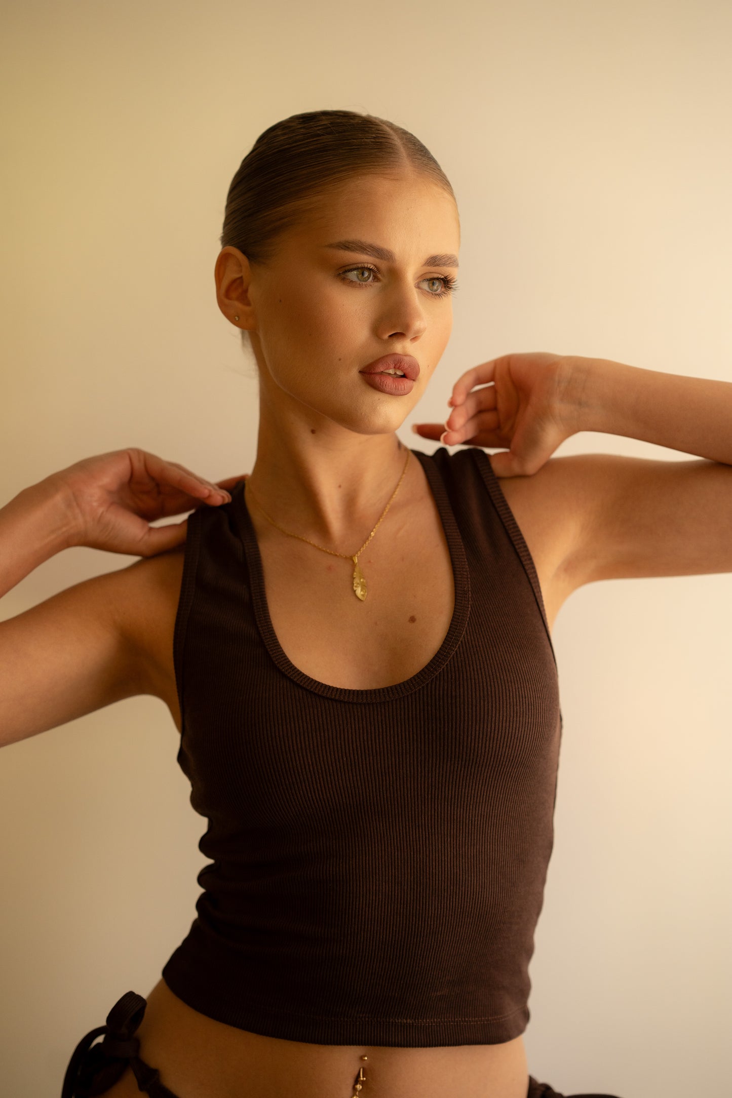 Brown Ribbed Tank Top Deep U Shape