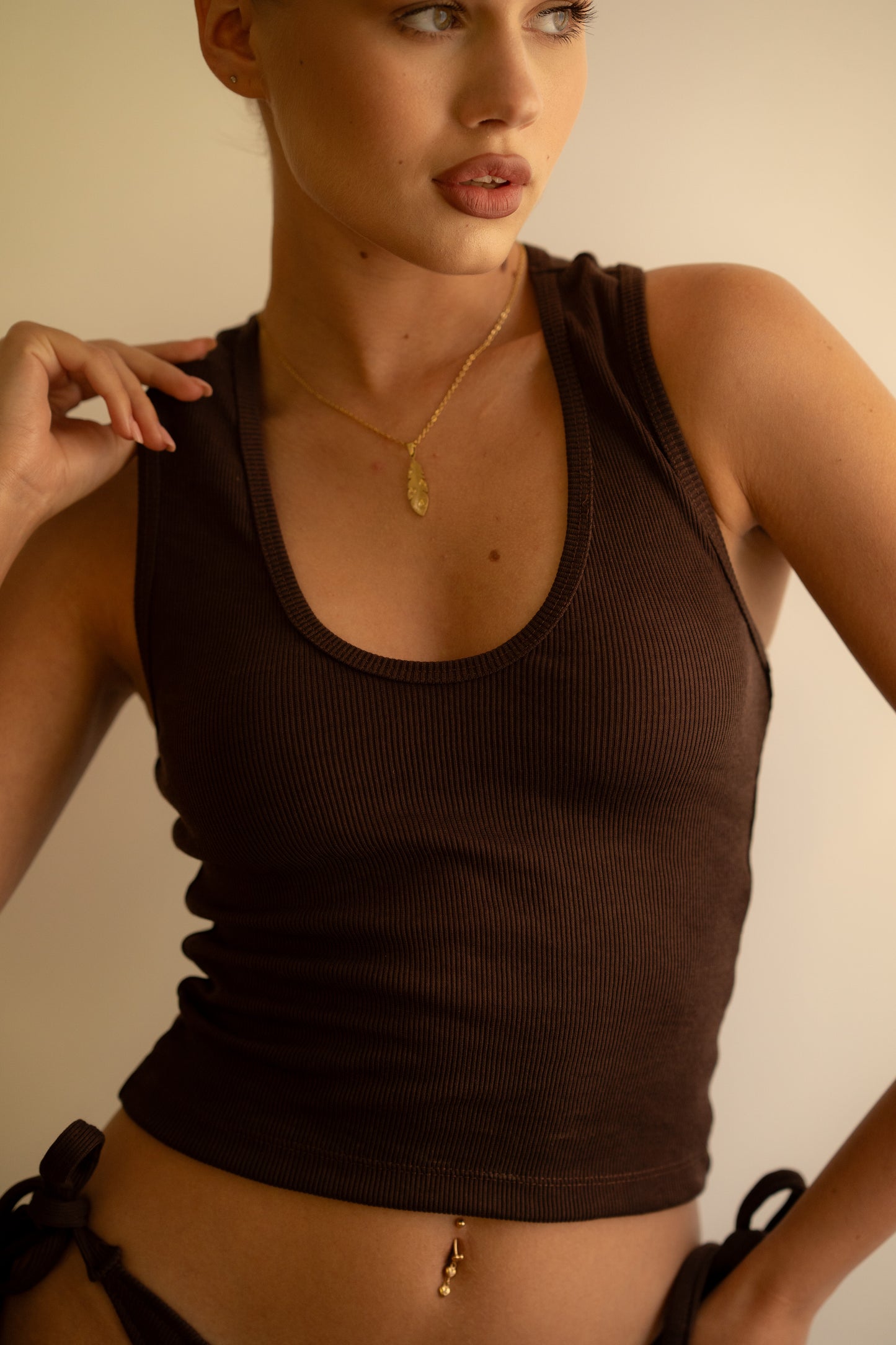 Brown Ribbed Tank Top Deep U Shape
