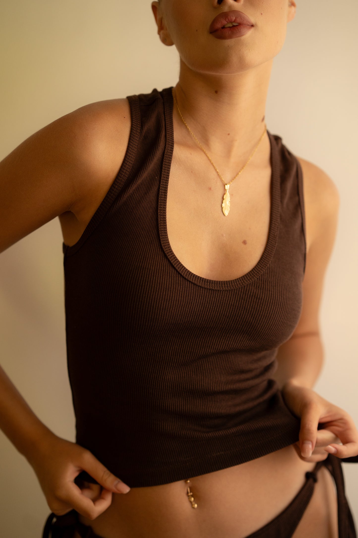 Brown Ribbed Tank Top Deep U Shape