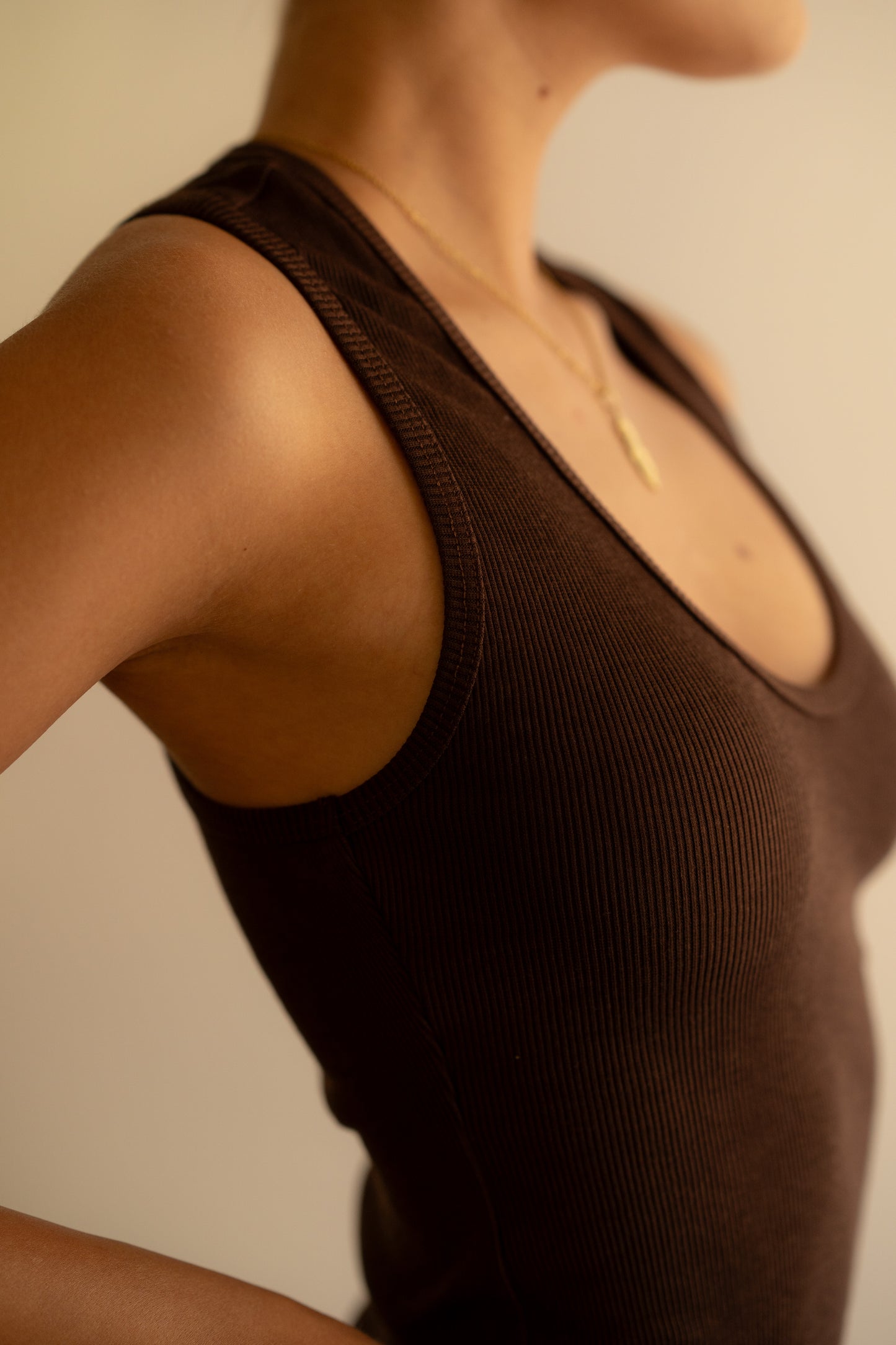 Brown Ribbed Tank Top Deep U Shape