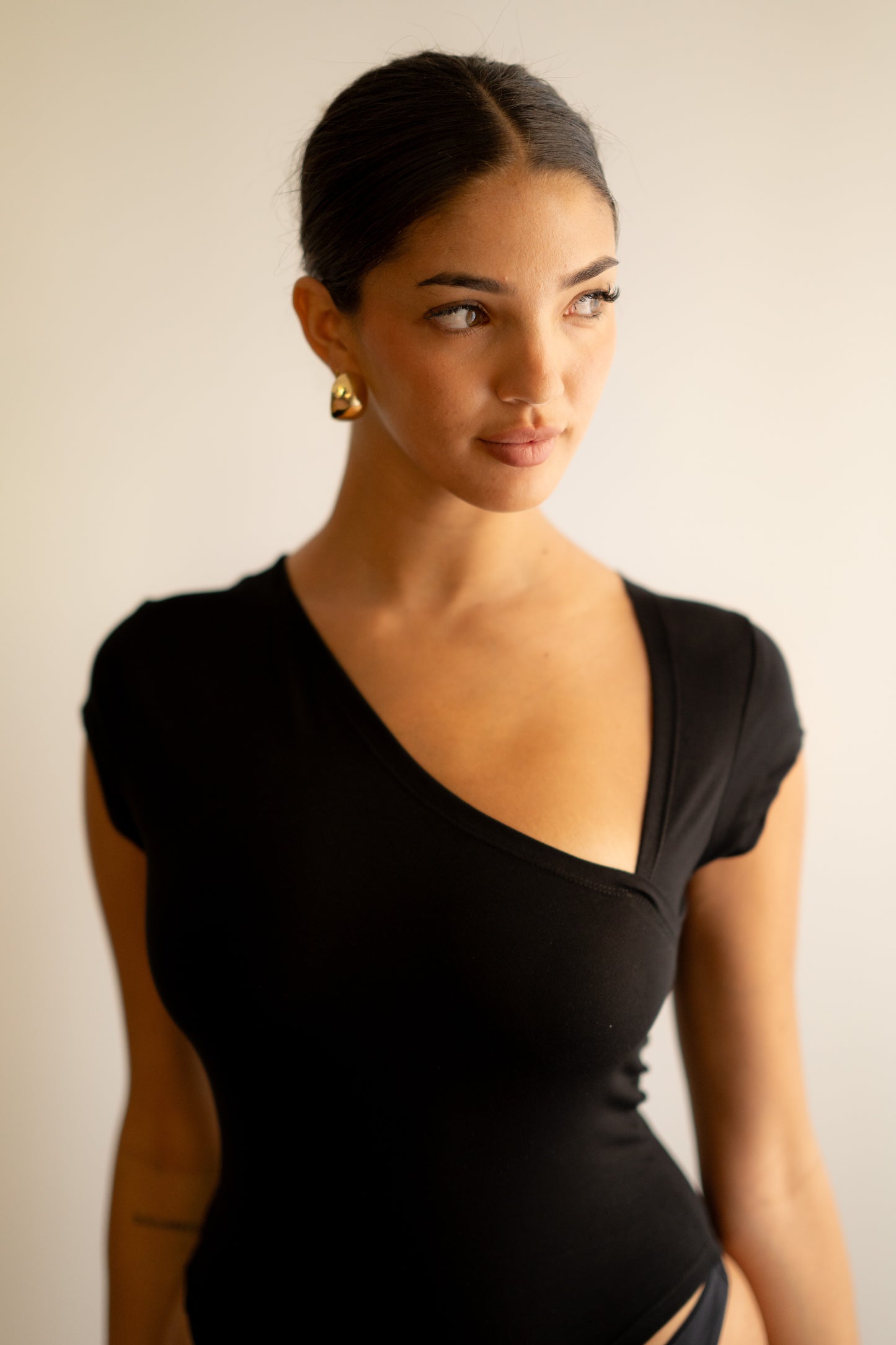 Black Essential Bodysuit Side V Shape Quarter Sleeves Best Selling!!!