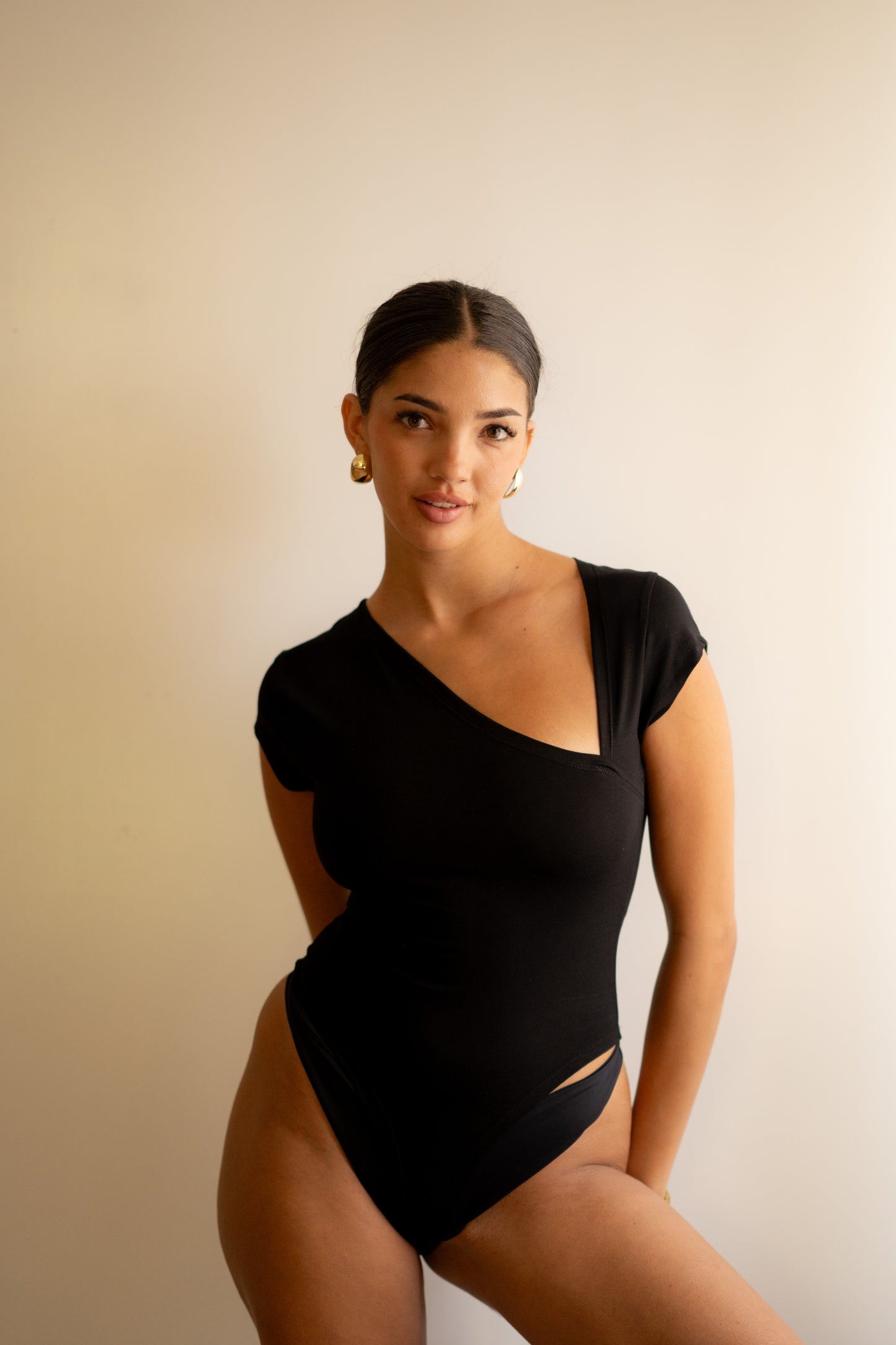Black Essential Bodysuit Side V Shape Quarter Sleeves Best Selling!!!