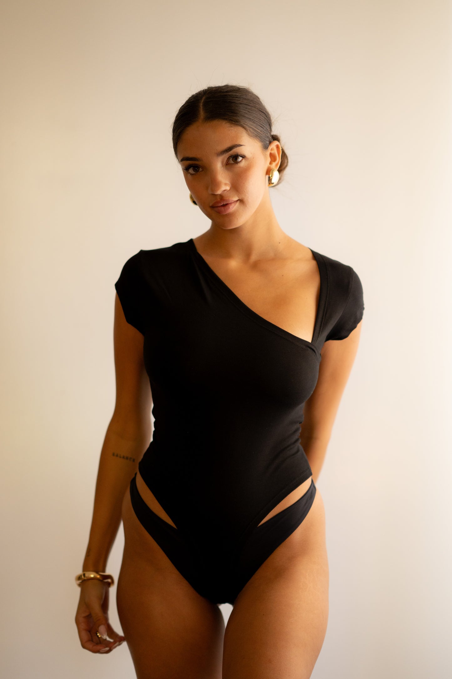 Black Essential Bodysuit Side V Shape Quarter Sleeves Best Selling!!!