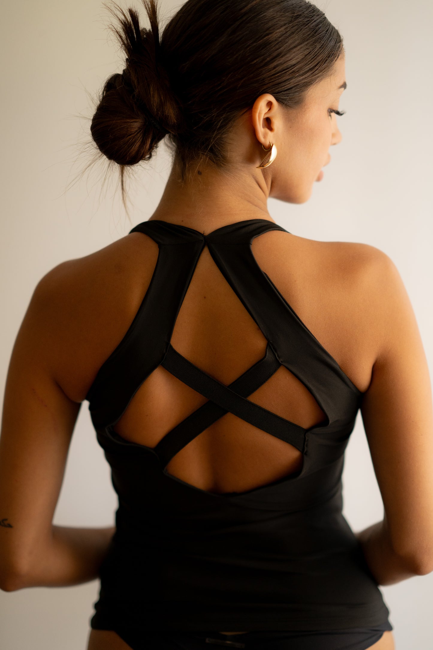 Black Halter Chest Supporter Tank Top With Back Crosses
