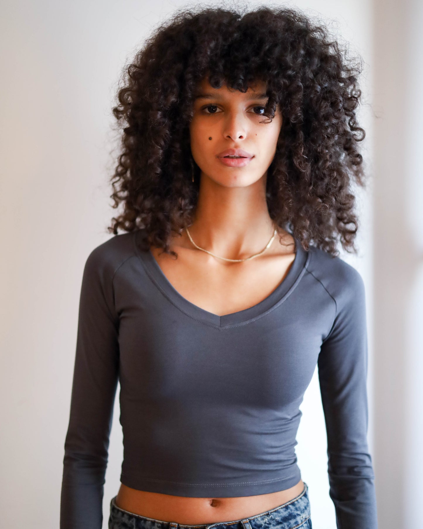 V Shape Long Sleeve Top (Charcoal Grey Cropped)