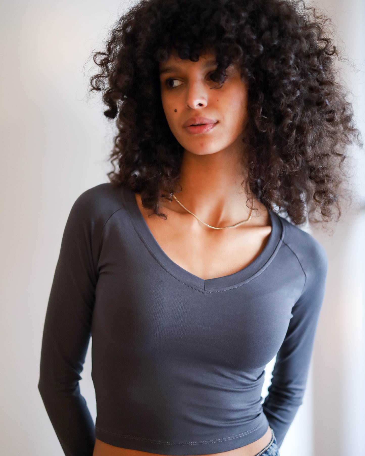 V Shape Long Sleeve Top (Charcoal Grey Cropped)