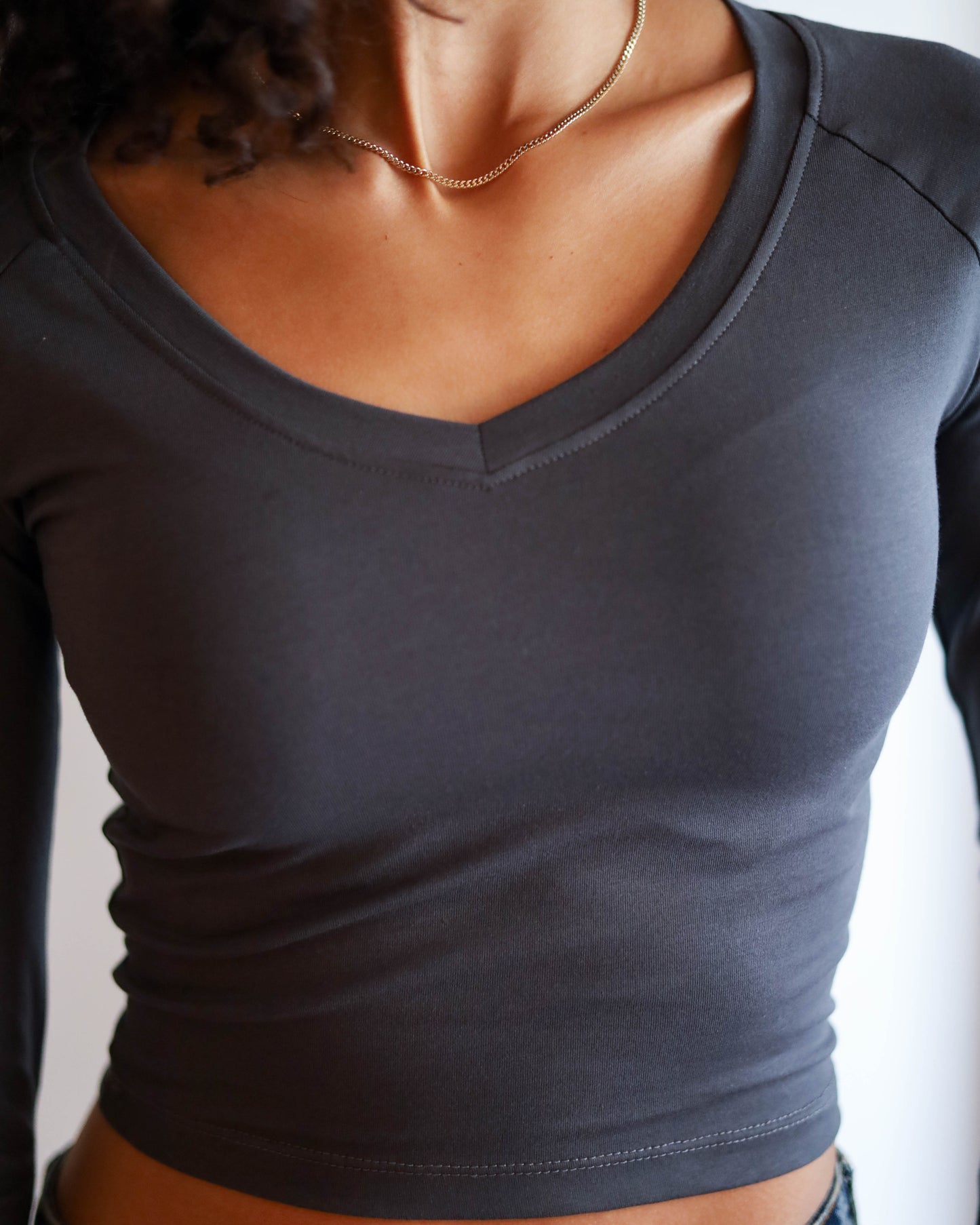 V Shape Long Sleeve Top (Charcoal Grey Cropped)