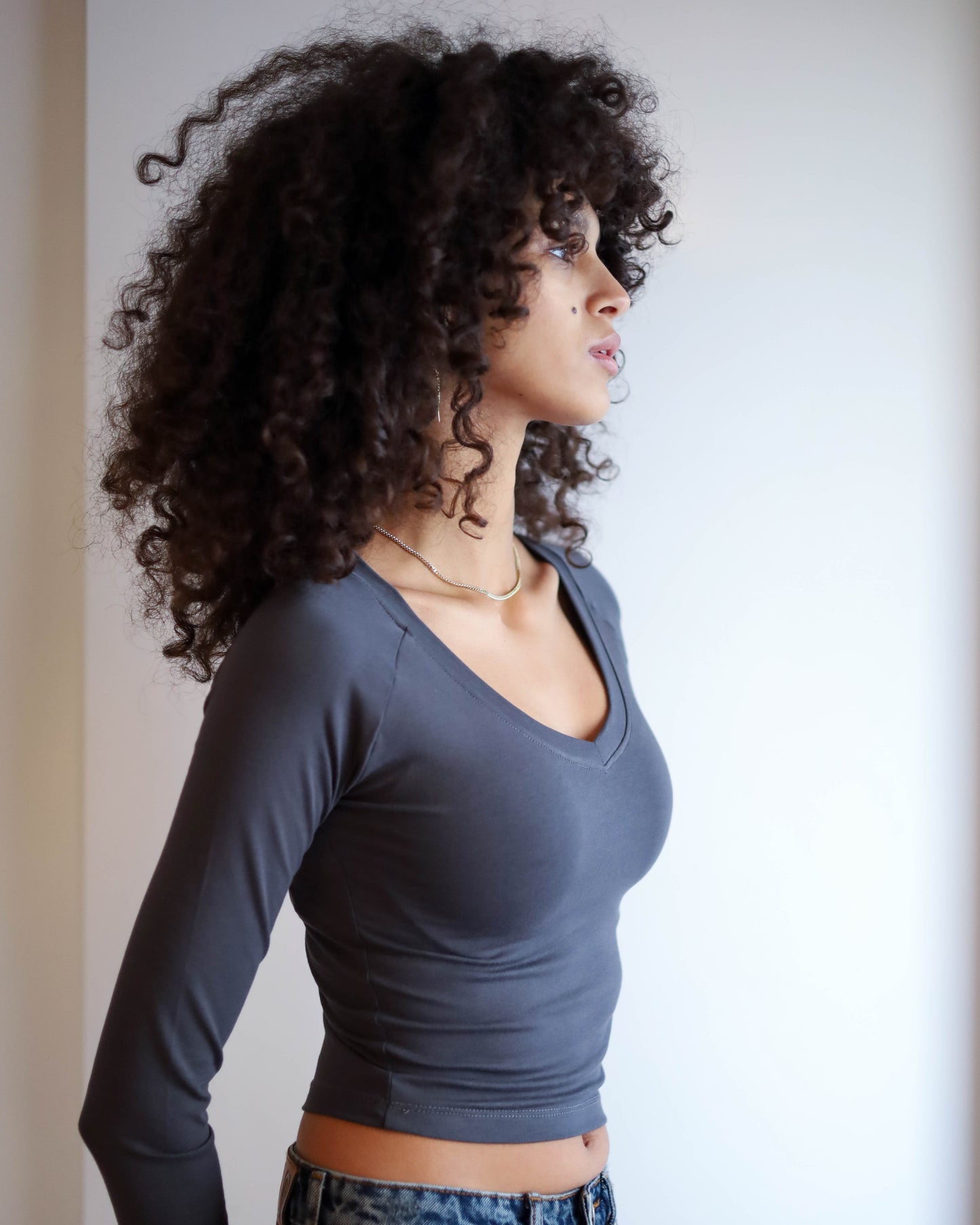 V Shape Long Sleeve Top (Charcoal Grey Cropped)