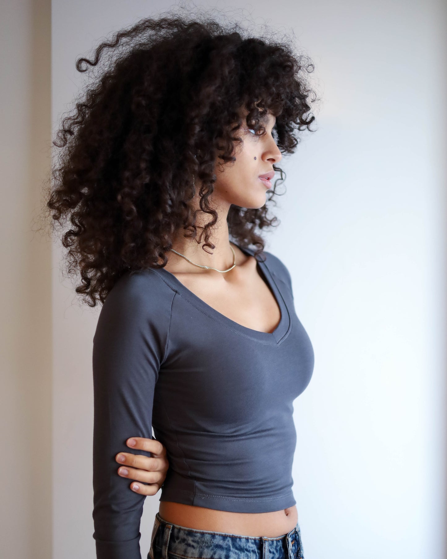 V Shape Long Sleeve Top (Charcoal Grey Cropped)