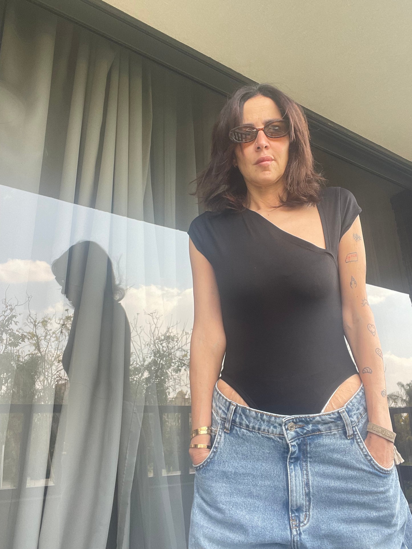 Black Essential Bodysuit Side V Shape QUARTER  SLEEVES BEST SELLING!!!