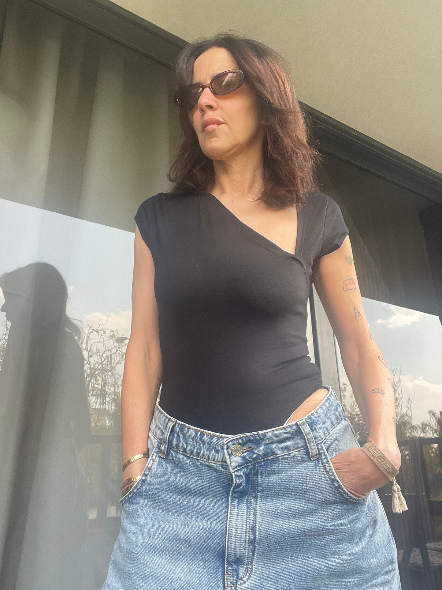 Black Essential Bodysuit Side V Shape QUARTER  SLEEVES BEST SELLING!!!