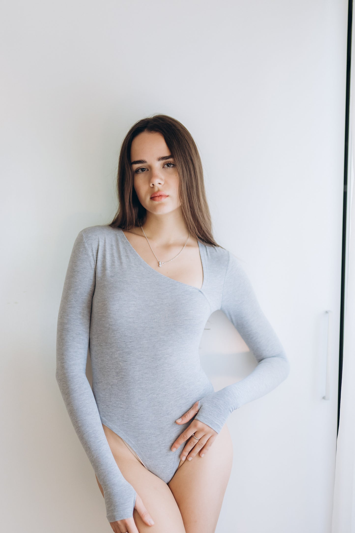 Light Heather Grey Essential Bodysuit Side V Shape