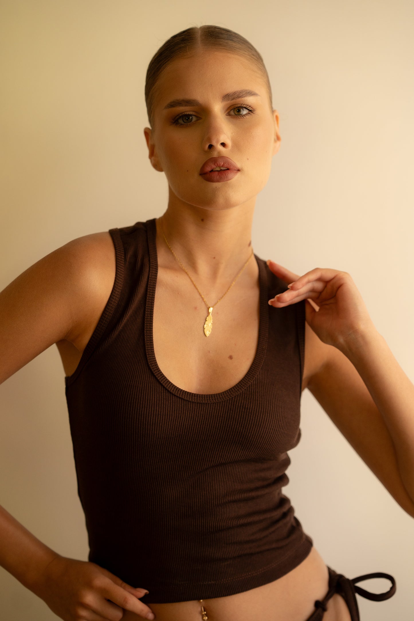 Brown Ribbed Tank Top Deep U Shape