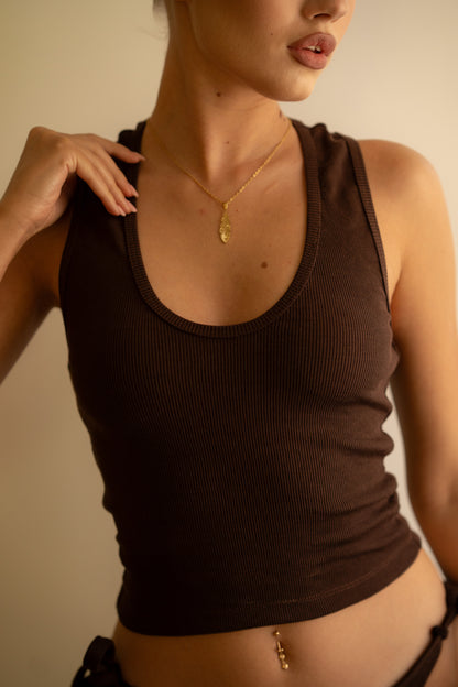 Brown Ribbed Tank Top Deep U Shape