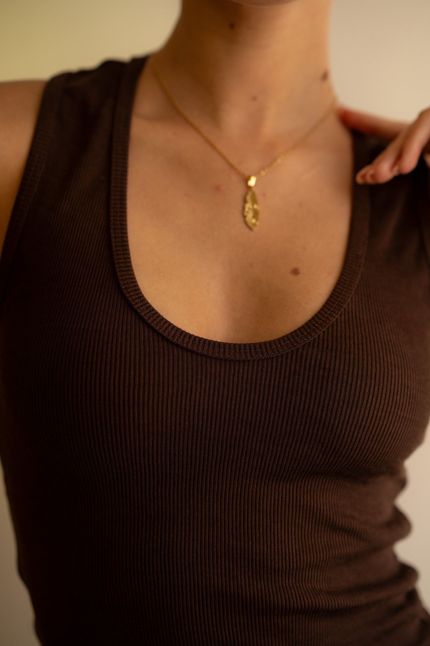 Brown Ribbed Tank Top Deep U Shape