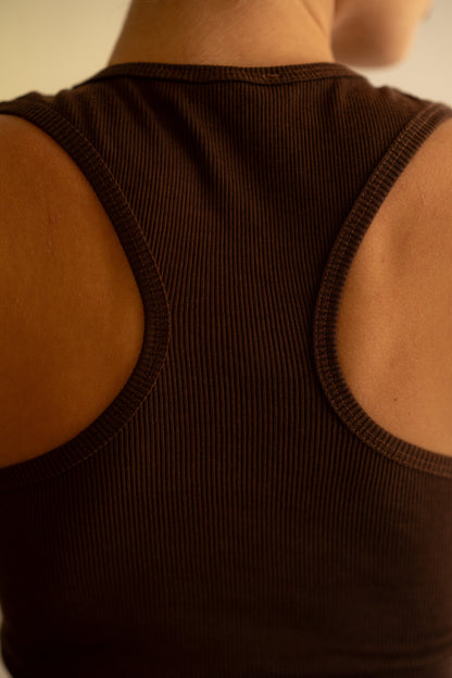 Brown Ribbed Tank Top Deep U Shape