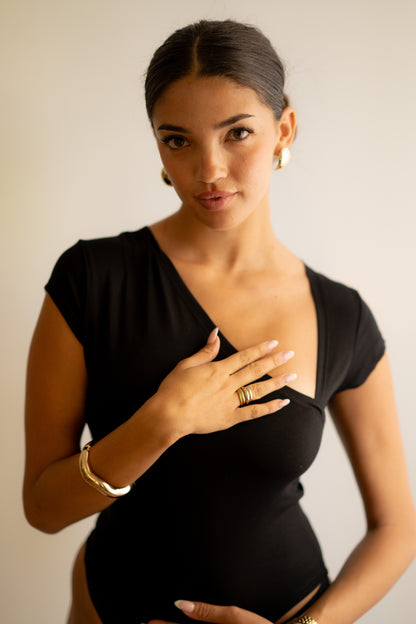 Black Essential Bodysuit Side V Shape Quarter Sleeves Best Selling!!!