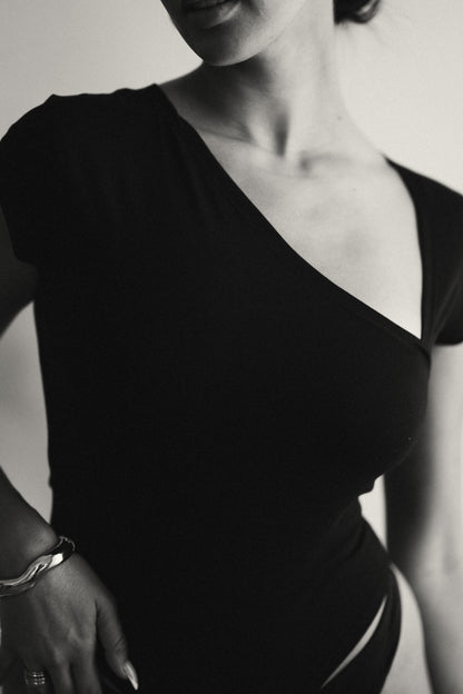 Black Essential Bodysuit Side V Shape Quarter Sleeves Best Selling!!!