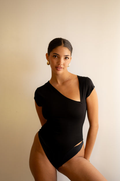 Black Essential Bodysuit Side V Shape Quarter Sleeves Best Selling!!!