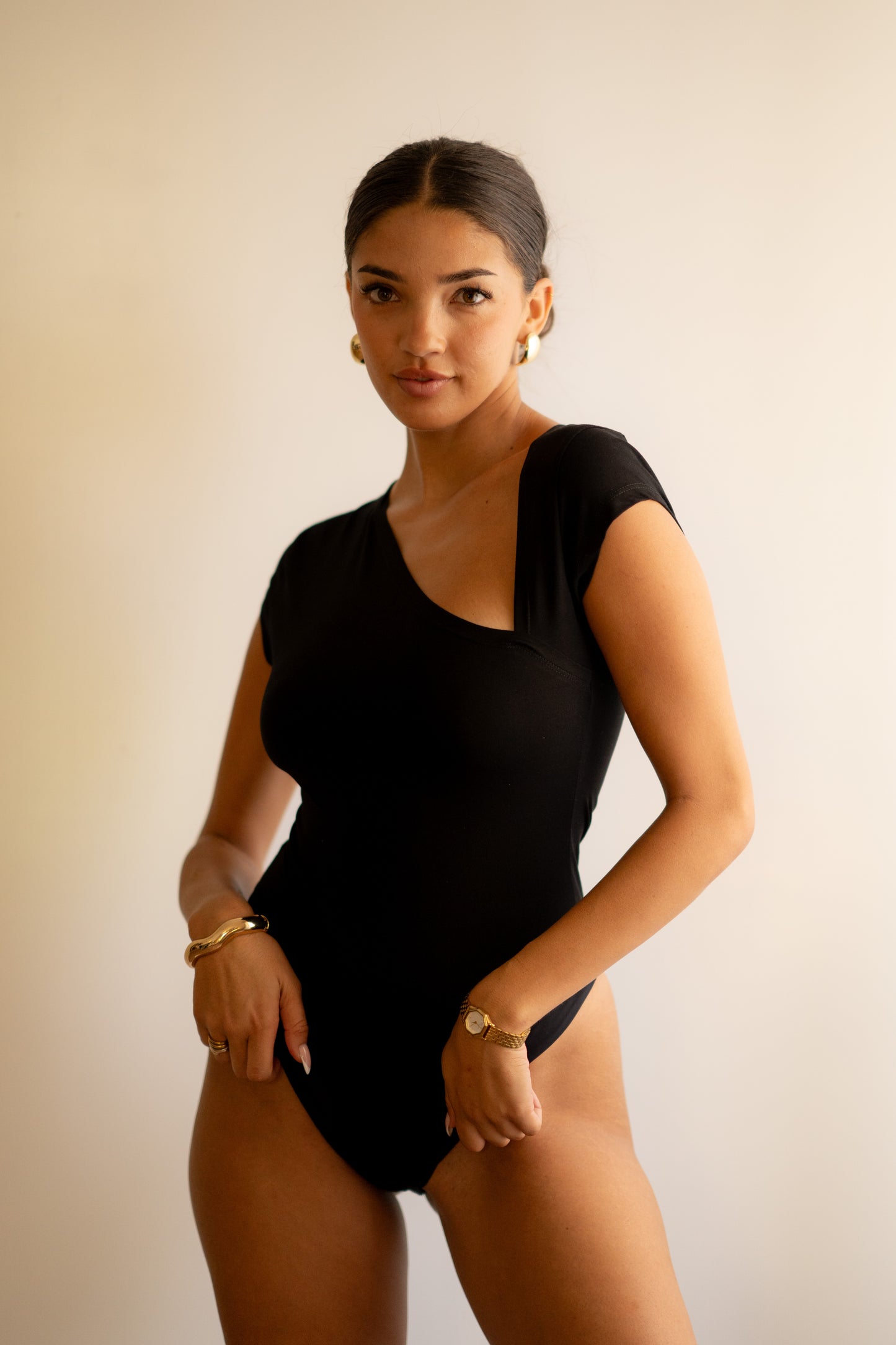 Black Essential Bodysuit Side V Shape Quarter Sleeves Best Selling!!!
