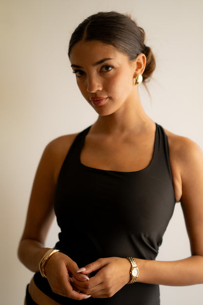 Black Halter Chest Supporter Tank Top With Back Crosses