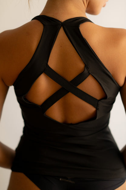 Black Halter Chest Supporter Tank Top With Back Crosses
