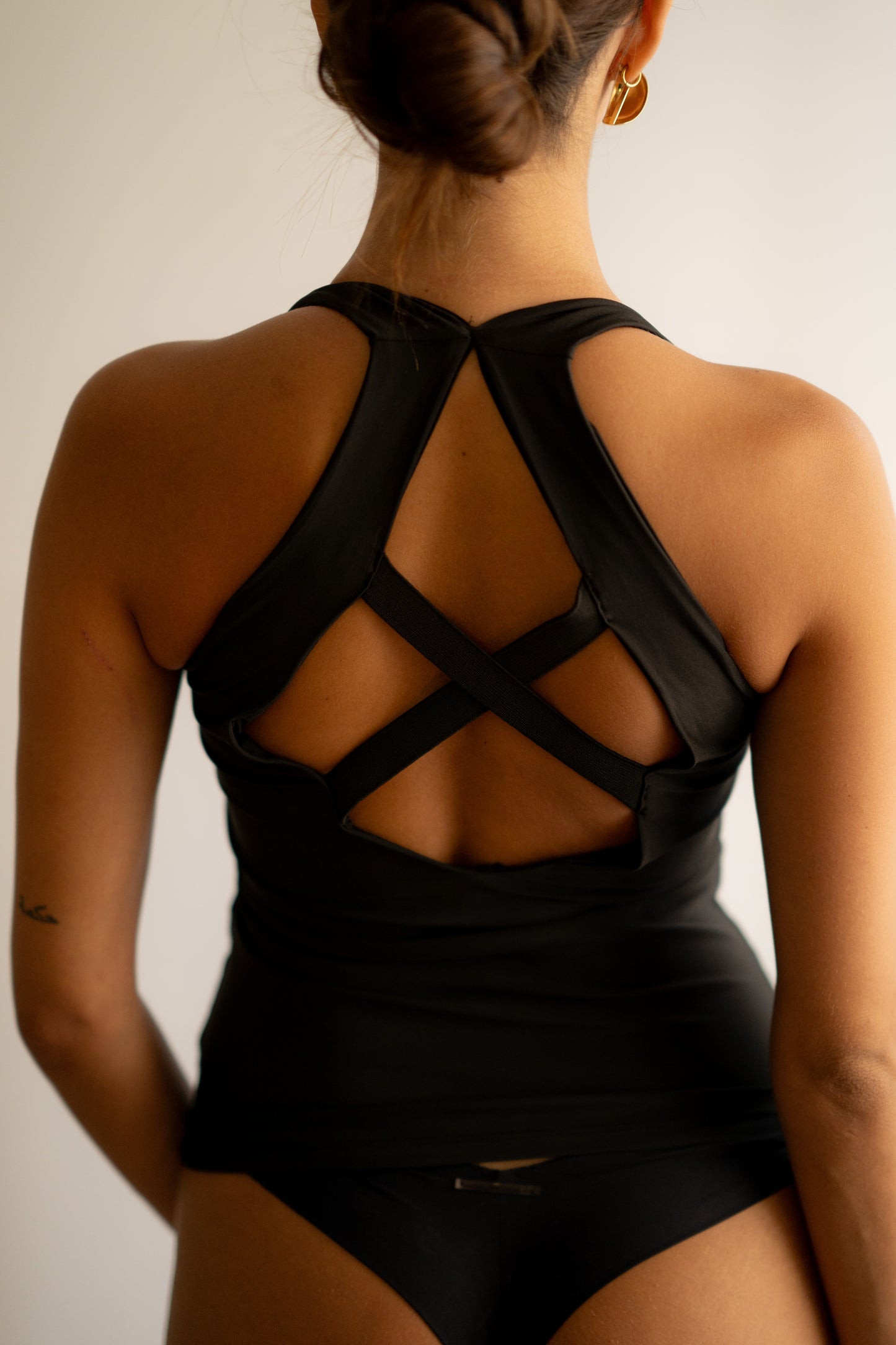 Black Halter Chest Supporter Tank Top With Back Crosses