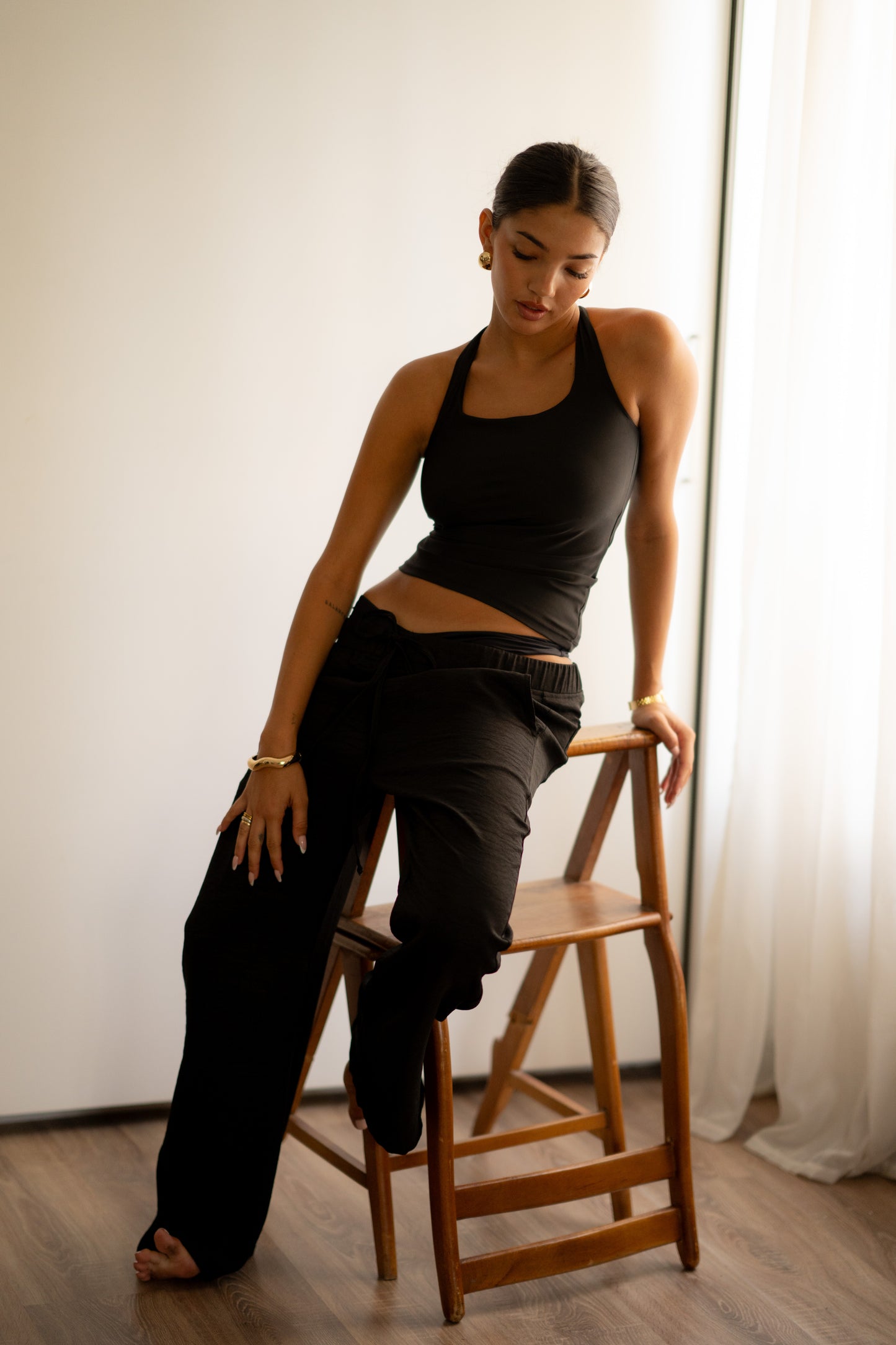 Black Halter Chest Supporter Tank Top With Back Crosses