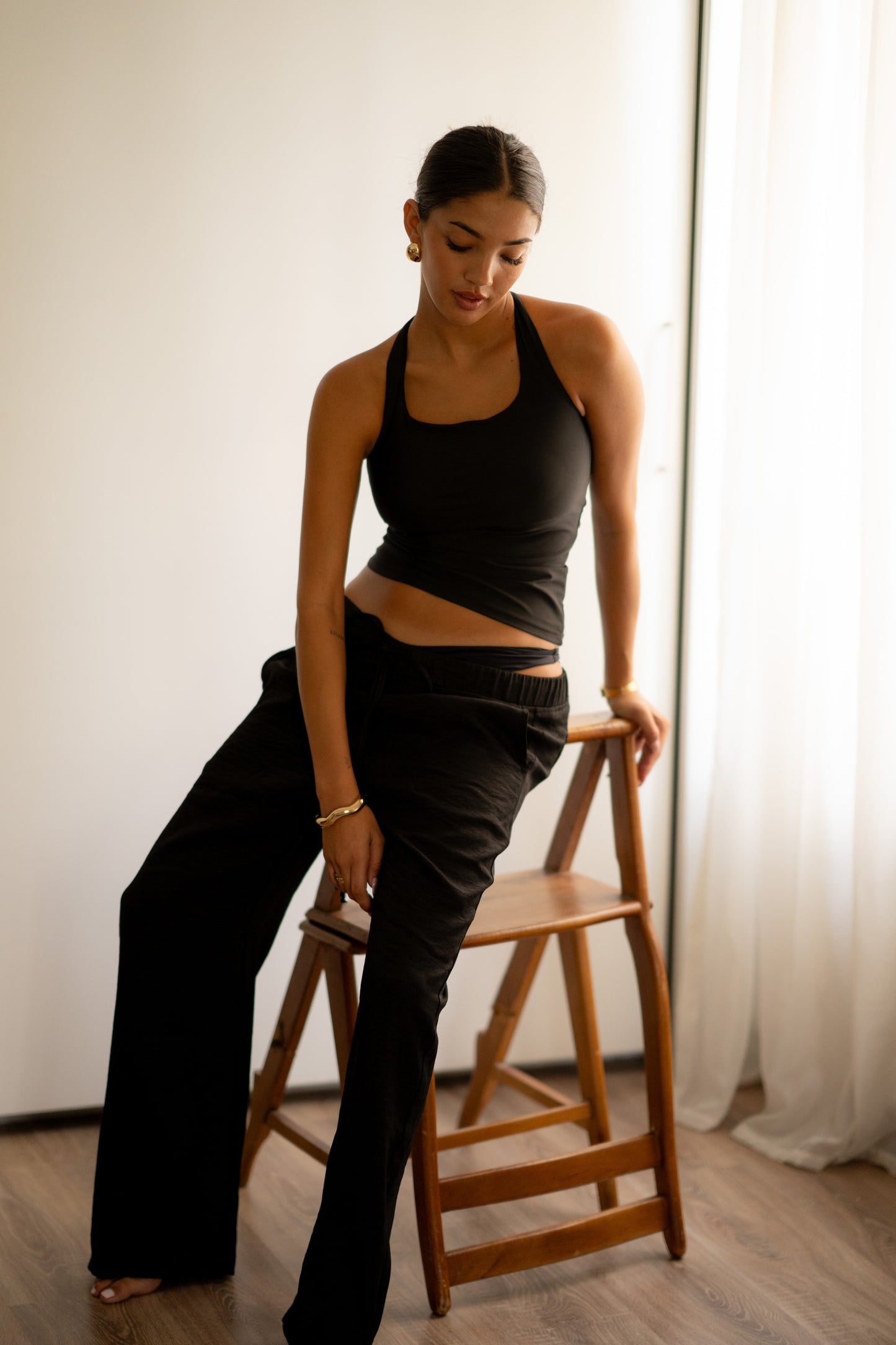 Black Halter Chest Supporter Tank Top With Back Crosses