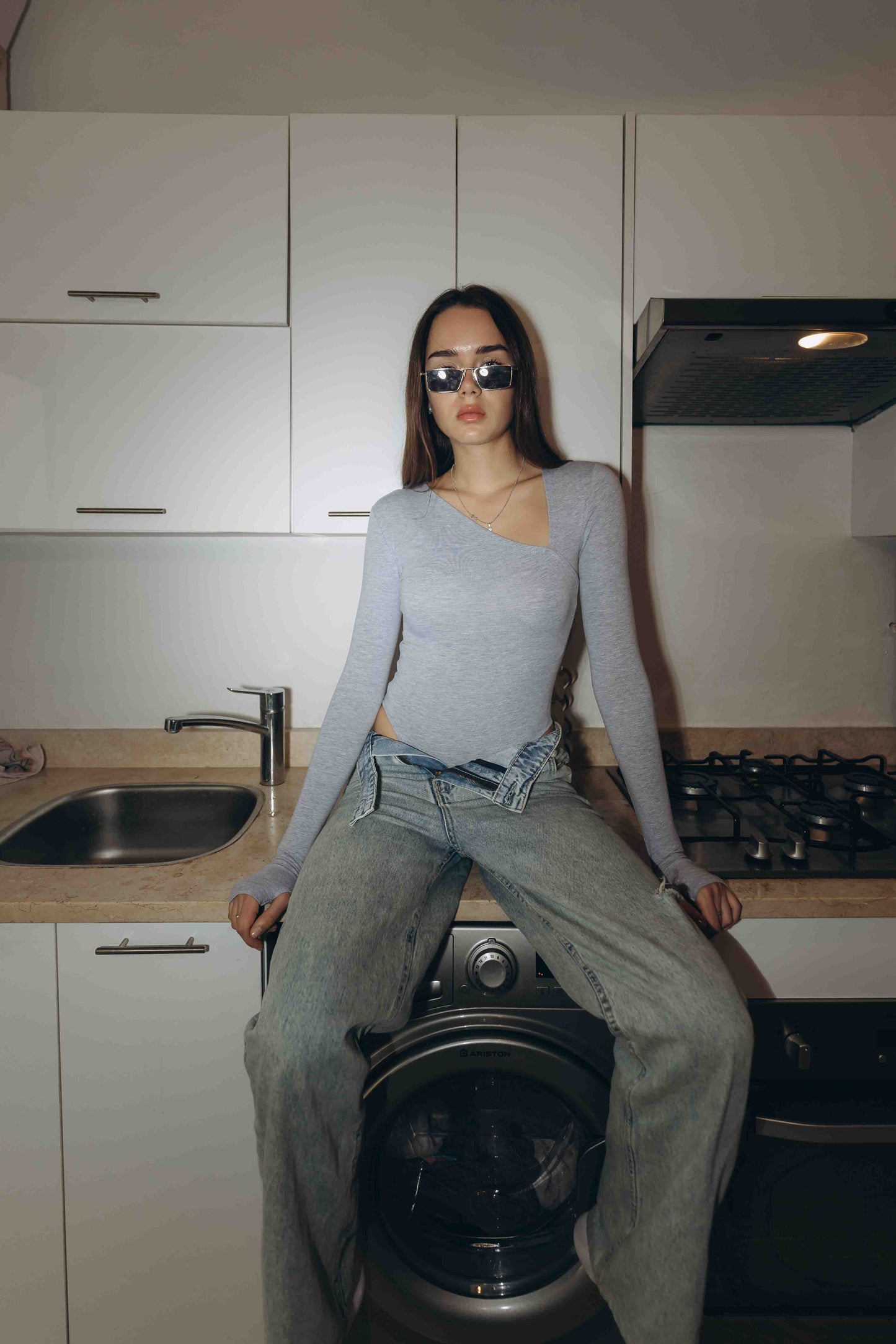 Light Heather Grey Essential Bodysuit Side V Shape