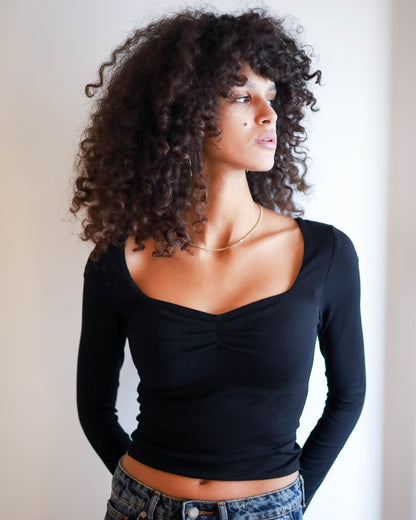 Square Chest Scrunched Long Sleeve Top (Black)