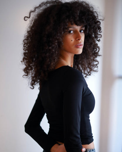 Square Chest Scrunched Long Sleeve Top (Black)