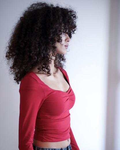 Square Chest Scrunched Long Sleeve Top (Burgundy)