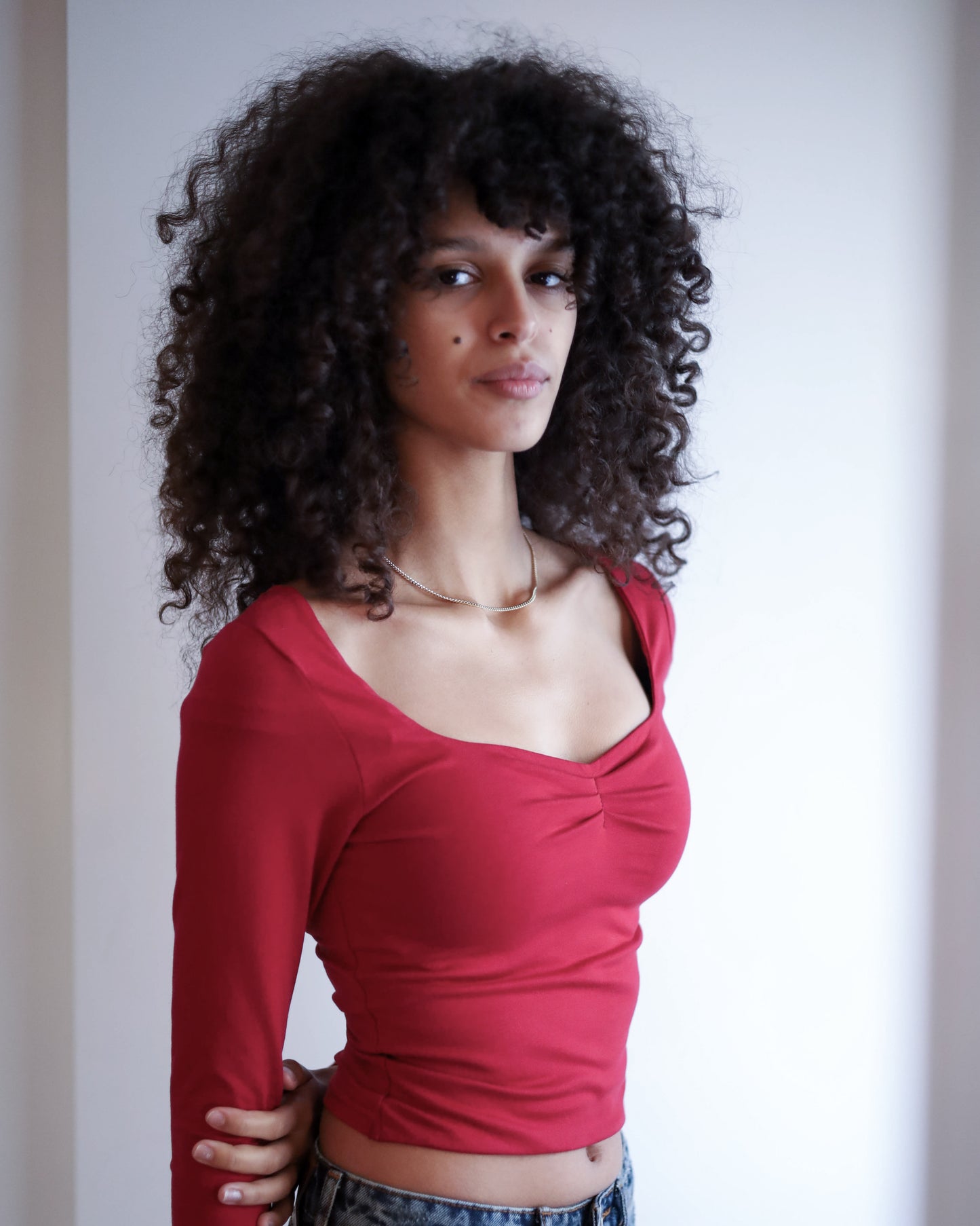 Square Chest Scrunched Long Sleeve Top (Burgundy)