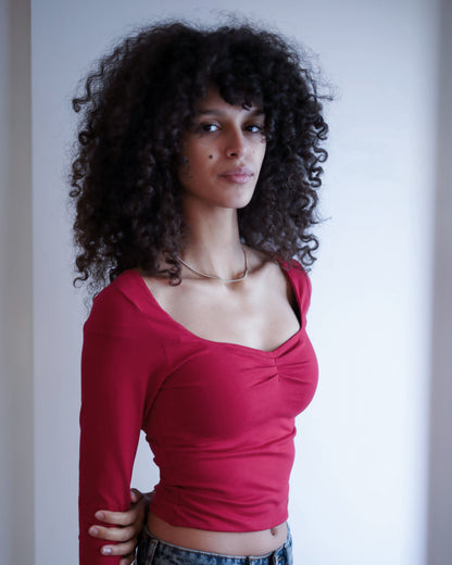 Square Chest Scrunched Long Sleeve Top (Burgundy)
