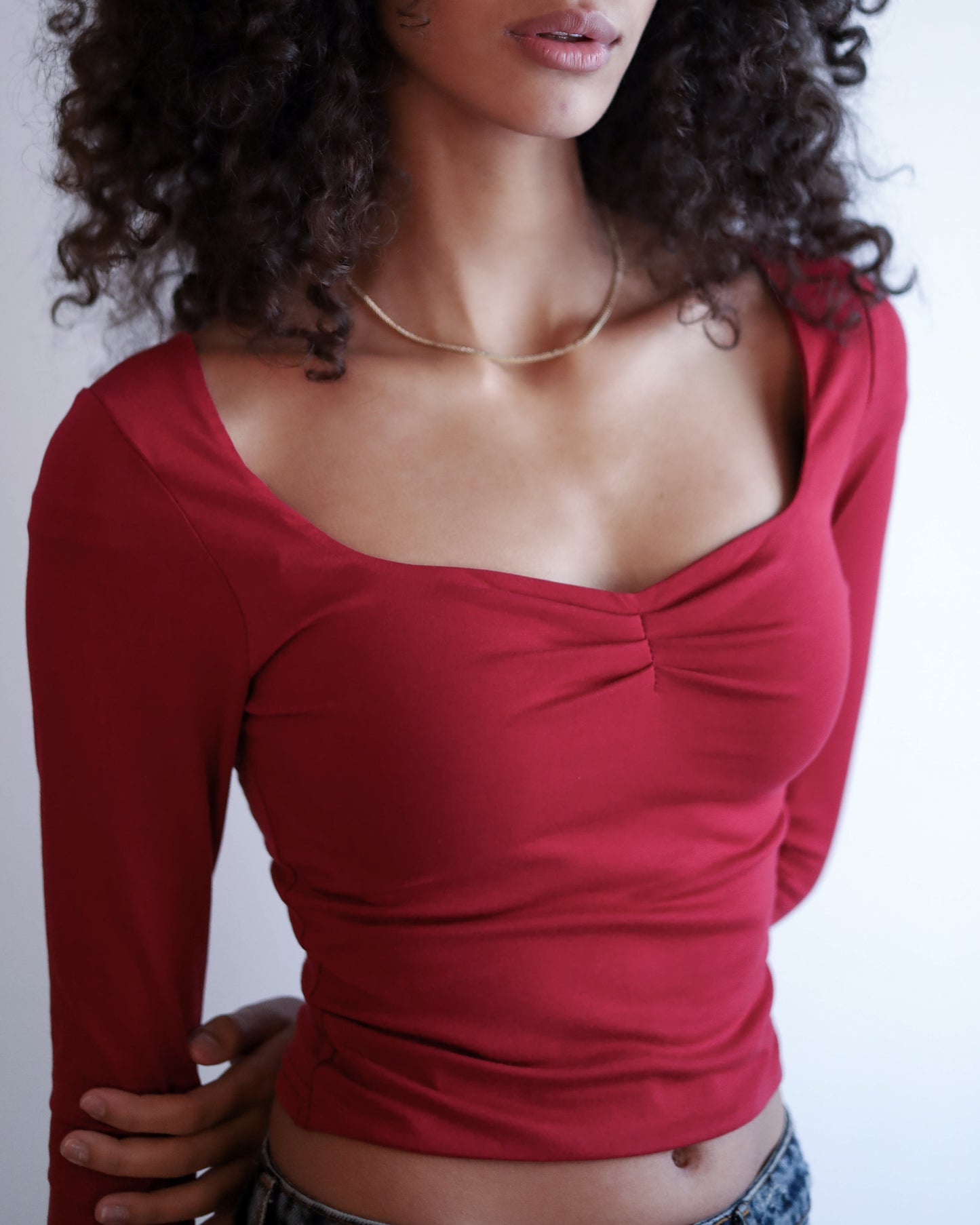 Square Chest Scrunched Long Sleeve Top (Burgundy)