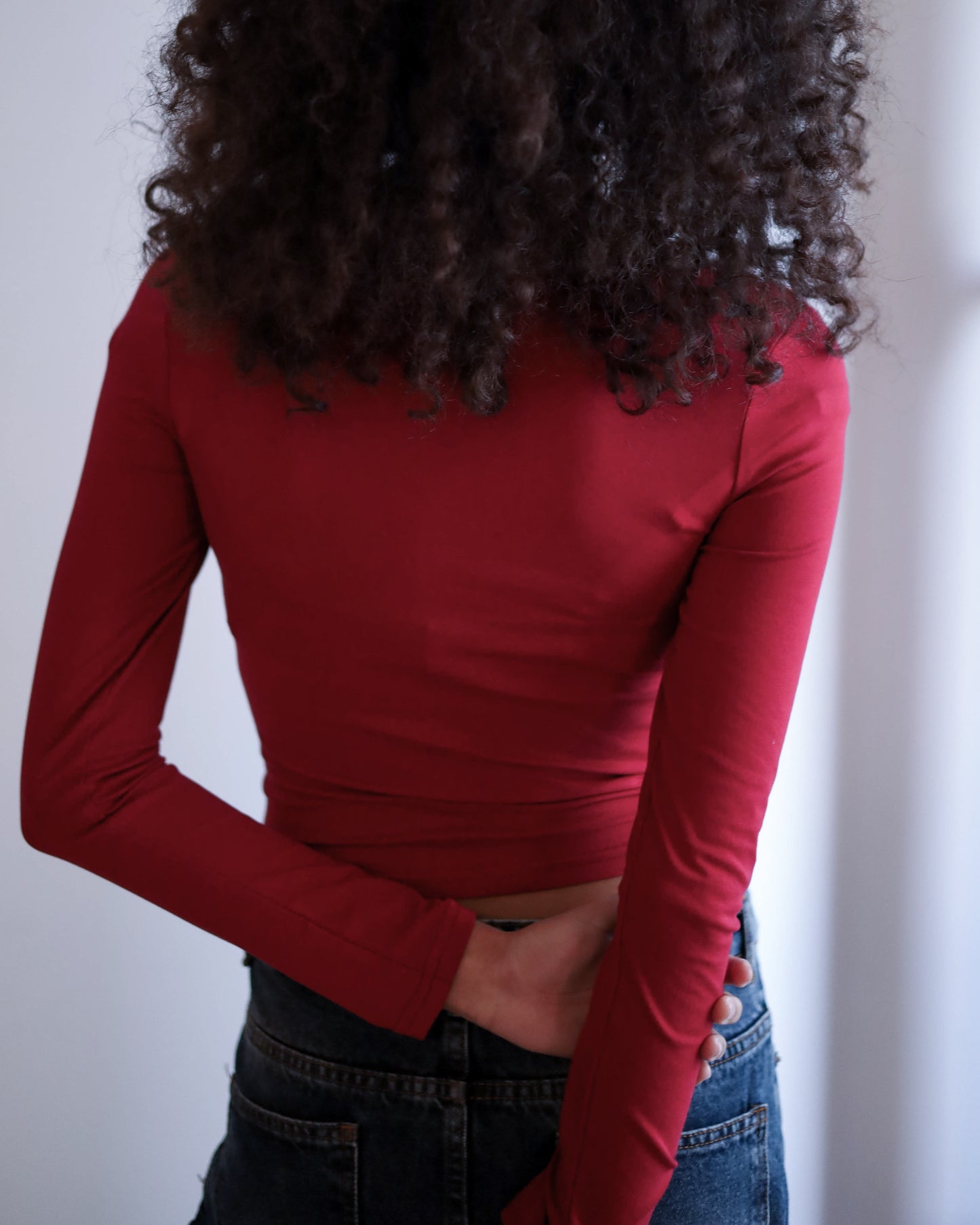 Square Chest Scrunched Long Sleeve Top (Burgundy)