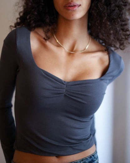Square Chest Scrunched Long Sleeve Top (Charcoal Grey)