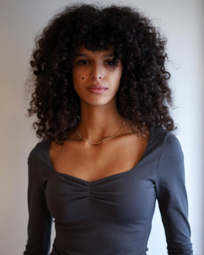 Square Chest Scrunched Long Sleeve Top (Charcoal Grey)