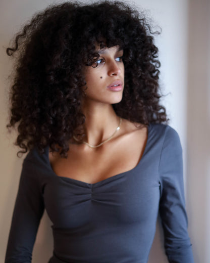 Square Chest Scrunched Long Sleeve Top (Charcoal Grey)