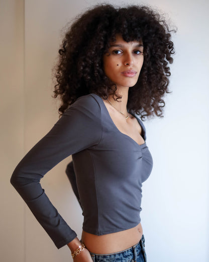 Square Chest Scrunched Long Sleeve Top (Charcoal Grey)