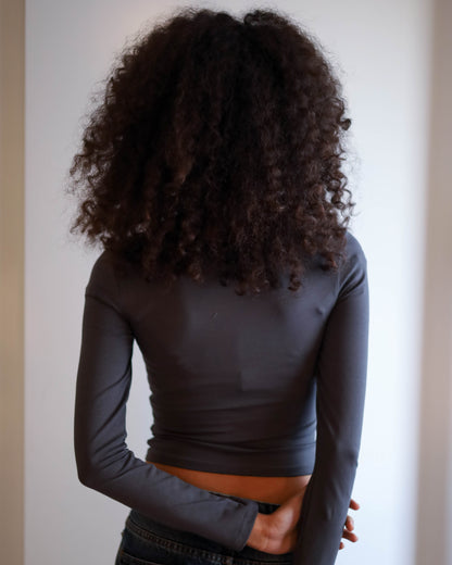 Square Chest Scrunched Long Sleeve Top (Charcoal Grey)