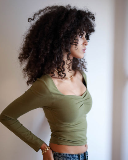 Square Chest Scrunched Long Sleeve Top (Olive Green)