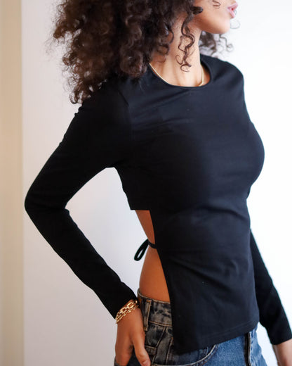 Long Sleeve Top With Open Back and a Strap (Black)