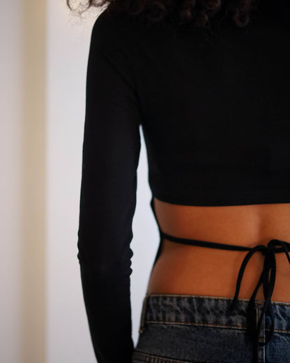 Long Sleeve Top With Open Back and a Strap (Black)