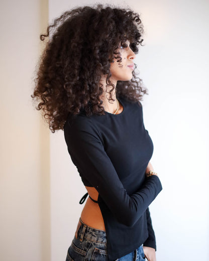 Long Sleeve Top With Open Back and a Strap (Black)