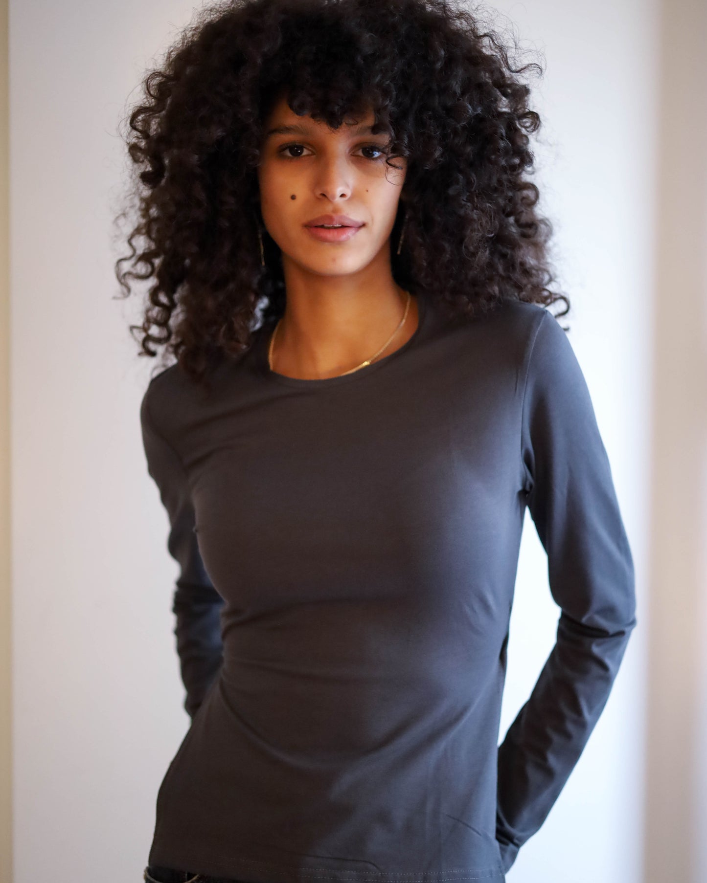 Long Sleeve Top With Open Back and a Strap (Charcoal Grey)