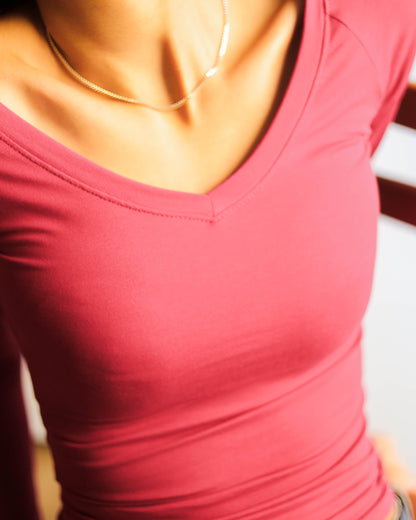 V Shape Long Sleeve Top (Burgundy Uncropped Regular Length)