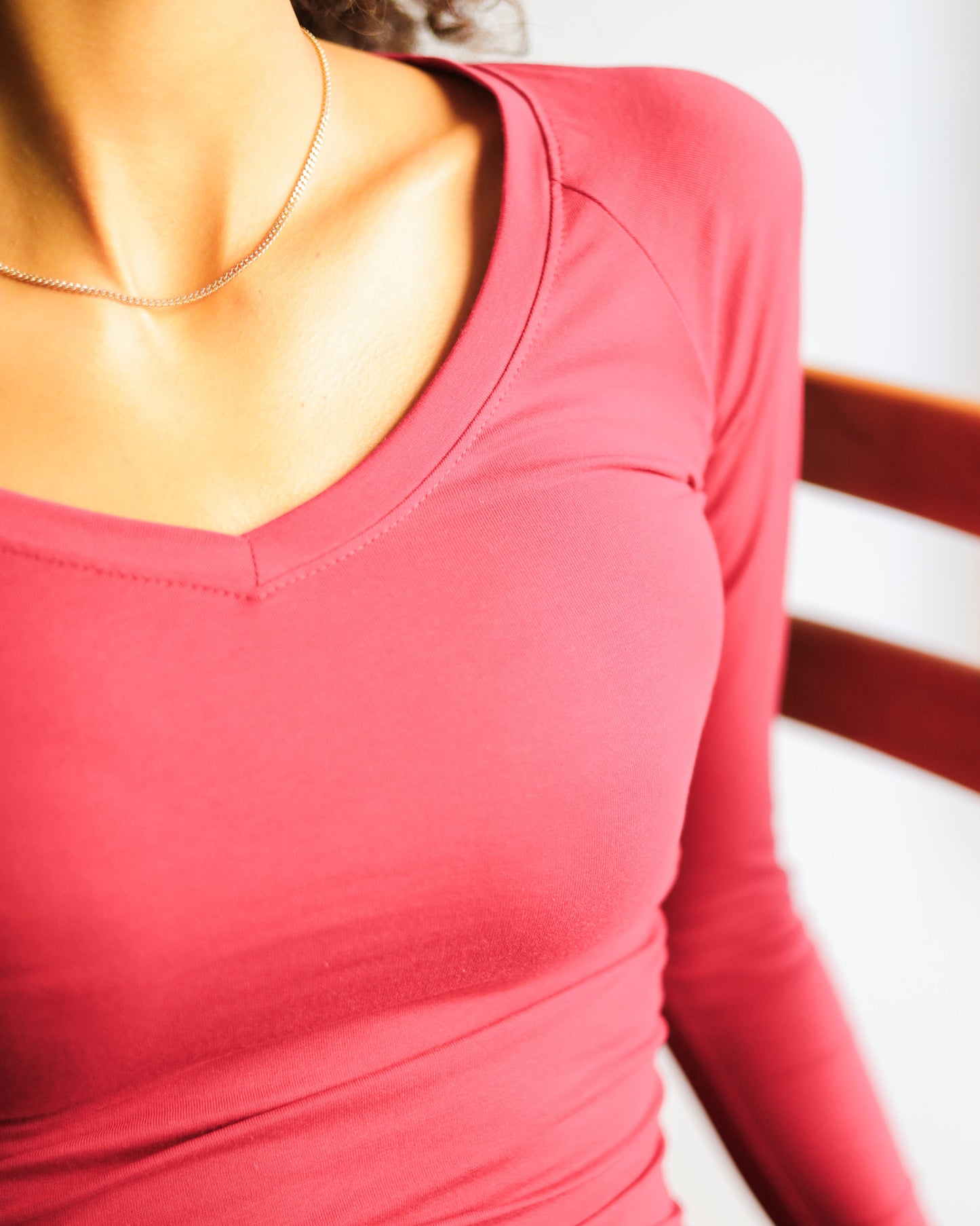 V Shape Long Sleeve Top (Burgundy Uncropped Regular Length)