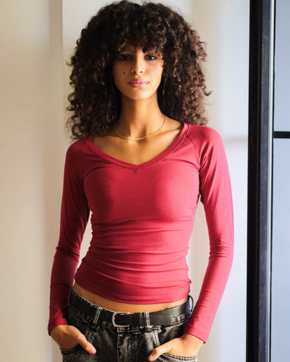 V Shape Long Sleeve Top (Burgundy Uncropped Regular Length)